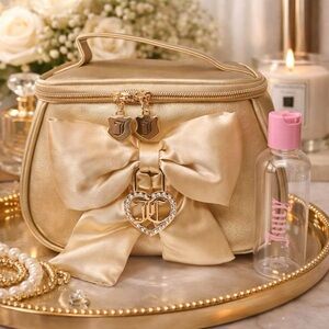 Juicy Couture Gold Cosmetic Bag Bow Heart Rhinestone Charm Coquette Girl